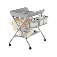 Masa de infasat pliabila cu organizator, protectii laterale, picioare cu roti si raft depozitare, SOLLUXE®, cadru metalic, gri