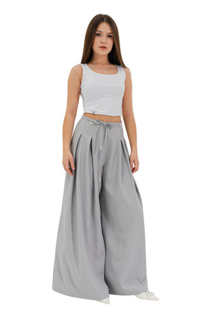 LESLIE - Pantaloni lungi cu pliuri din stofă cu talie înaltă și croiala Palazzo, gri