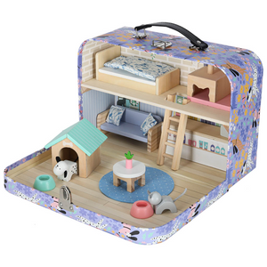 Casuță portabilă din lemn Hotel SPA animale în valiză cu mobilier, figurine câine și pisică, 18 accesorii, +3 ani