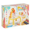 Masa de desen cu proiector Girafa, 3 discuri, accesorii si 12 carioci pentru copii, galben