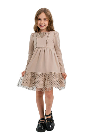 RADEYAH - Rochie din bumbac fin cu volan, aplicații din tulle și fundiță decorativă, bej