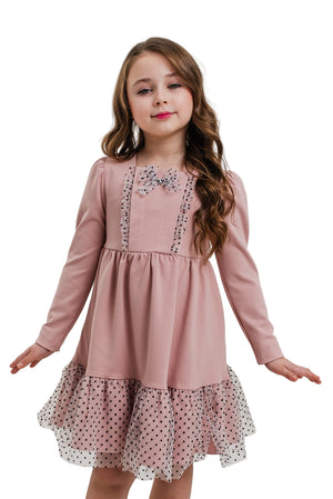 RADEYAH - Rochie din bumbac fin cu volan, aplicații din tulle și fundiță decorativă, roz
