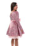 CELIA - Rochiță de ocazie din catifea cu paiete, tulle fin și fundițe decorative, roz