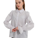 AMELIA - Camasa alba din bumbac cu broderie aplicata la mansete, ideala pentru scoala