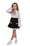 DARINA – Fusta scurta din stofa cu motive etnice si volan in contrast, negru/rosu