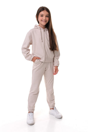 FRANCES- Trening din bumbac premium, set hanorac cu fermoar și pantaloni, bej