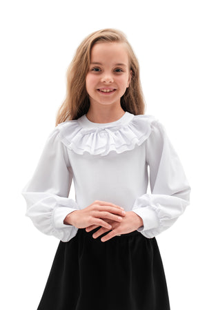EDMY – Bluza eleganta din bumbac cu volane la guler si maneci bufante, alb