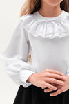 EDMY – Bluza eleganta din bumbac cu volane la guler si maneci bufante, alb