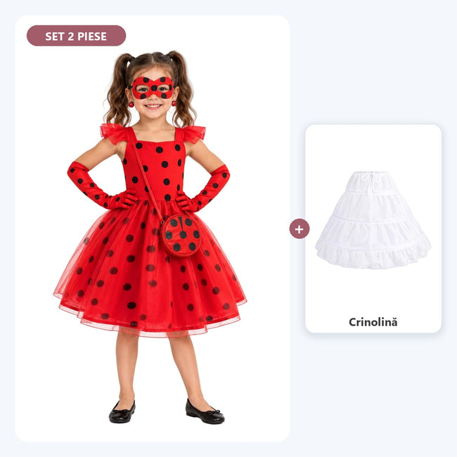 Set complet Buburuză pentru fete: rochiță de buburuză și crinolină, roșu