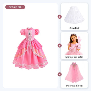 Set complet Frumoasa Adormită pentru fete: rochiță de prințesă, crinolină, mănuși și pelerină, roz