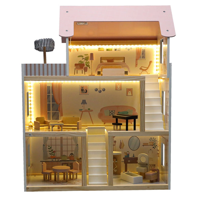 Casa de păpuși din lemn cu 3 etaje, mobilier complet, lumini LED și terasă, 78 cm, roz pastel – imagine 3