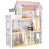 Casa de păpuși din lemn cu 3 etaje, mobilier complet, lumini LED și terasă, 78 cm, roz pastel