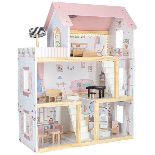 Casa de păpuși din lemn cu 3 etaje, mobilier complet, lumini LED și terasă, 78 cm, roz pastel – imagine 7