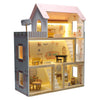 Casa de păpuși din lemn cu 3 etaje, mobilier complet, lumini LED și terasă, 78 cm, roz pastel