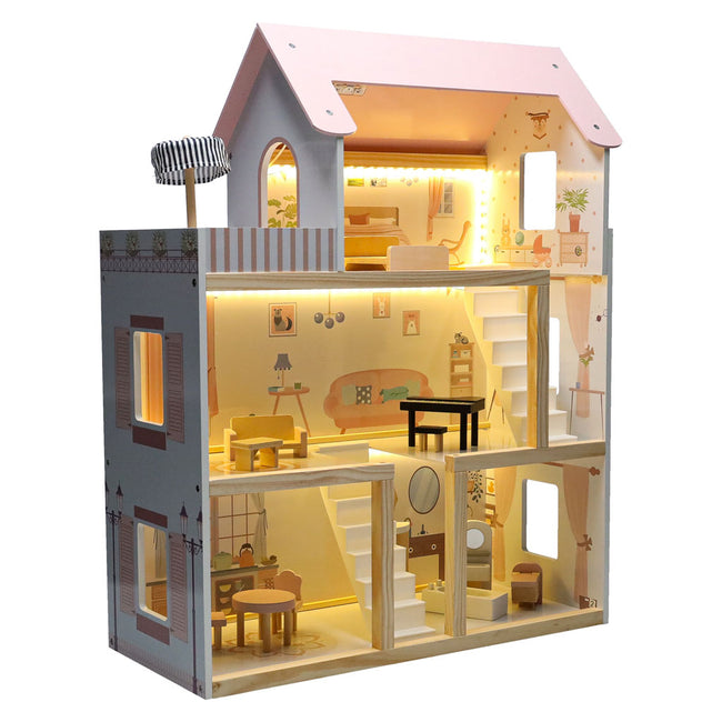 Casa de păpuși din lemn cu 3 etaje, mobilier complet, lumini LED și terasă, 78 cm, roz pastel – imagine 8