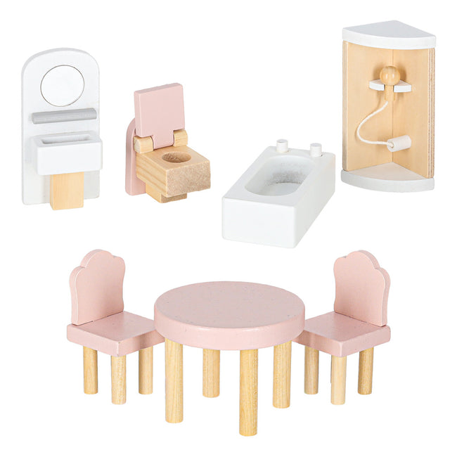 Casa de păpuși din lemn cu 3 etaje, mobilier complet, lumini LED și terasă, 78 cm, roz pastel – imagine 11