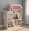 Casa de păpuși din lemn cu 3 etaje, mobilier complet, lumini LED și terasă, 78 cm, roz pastel – imagine 17