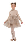 VARVARA - Rochita eleganta din bumbac si volane din tulle cu buline, bej