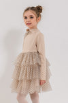 VARVARA - Rochita eleganta din bumbac si volane din tulle cu buline, bej