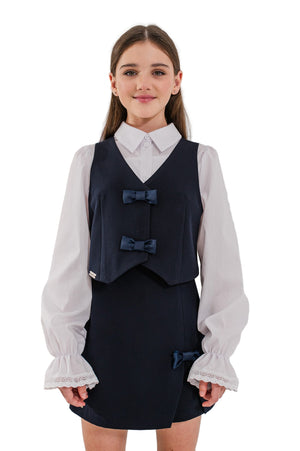 STEFFY - Vesta din stofa cu fundite pentru uniforma scolara de fete, bleumarin