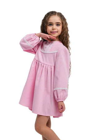 HELEN - Rochie din catifea reiat cu model in clos si maneca lunga, roz