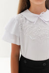 MARCIA - Bluza eleganta din material fin cu dantela delicata, maneca scurta si volane, alb