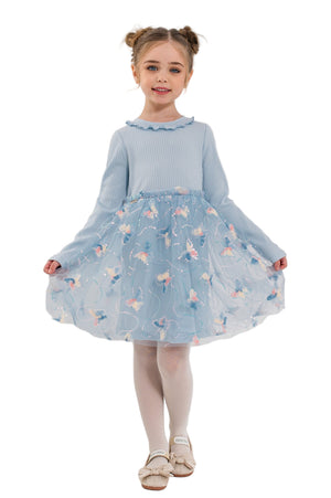 ZHUZHANNA - Rochiță elegantă din bumbac cu tulle brodat și fluturasi, bleu