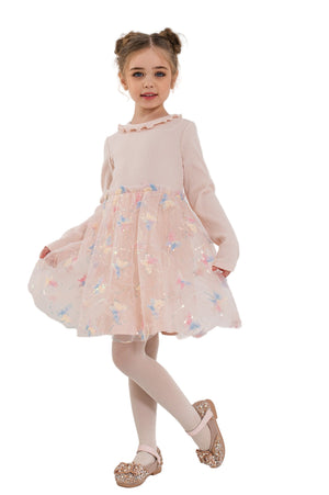 ZHUZHANNA - Rochita eleganta din bumbac cu tulle brodat si fluturasi, roz