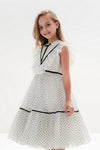 ODALYS – Rochie eleganta din tulle fin cu volane, buline si panglici din catifea, alb
