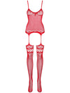 Bodystocking Obsessive F214 - lenjerie erotică din plasă cu portjartier și decupaje S-L (one size), roșu
