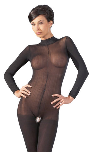 Bodystocking transparent - catsuit elegant din plasă fină și model clasic M/L, negru