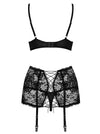 Set de lenjerie intima Peonesia - compleu provocator cu sutien, chiloți și portjartier din dantelă S/M, negru