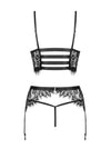 Set de lenjerie intimă Lashy - compleu provocator cu sutien, chiloți și portjartier din dantelă Chantilly L/XL, negru