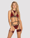 Set de lenjerie intimă Sugestina - compleu sexy cu sutien, chiloți, portjartier și colier de corp din dantelă cu catifea – L/XL