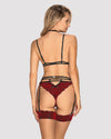 Set de lenjerie intimă Sugestina - compleu sexy cu sutien, chiloți, portjartier și colier de corp din dantelă cu catifea  – L/XL