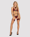 Set de lenjerie intimă Sugestina - compleu sexy cu sutien, chiloți, portjartier și colier de corp din dantelă cu catifea  – L/XL