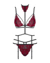 Set de lenjerie intimă Sugestina - compleu sexy cu sutien, chiloți, portjartier și colier de corp din dantelă cu catifea  – L/XL