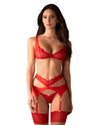 Set de lenjerie intimă Cupide Desir - compleu erotic cu sutien, chiloți și portjartier din dantelă fină, roșu