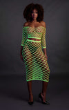 Set crop top cu maneca lunga si fusta lunga tip plasa – compleu sexy XS-XL (one size), verde neon