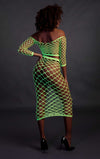 Set crop top cu maneca lunga si fusta lunga tip plasa – compleu sexy XS-XL (one size), verde neon