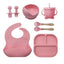 Set 8 piese hranire bebelusi pentru diversificare, farfurie si bol cu ventuze, cana cu capac si pai, lingurita, furculita, baveta din silicon, Roz