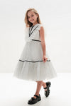 ODALYS – Rochie eleganta din tulle fin cu volane, buline si panglici din catifea, alb