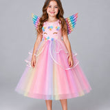 Rochie prințesă Unicorn pentru fetițe, cu aripi si bentiță - costumație pentru serbări și petreceri tematice, roz/multicolor