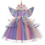 Rochie printesa Unicorn cu accesorii pentru fetite costumatie joc de rol petreceri, serbari, carnaval si cadou ideal pentru sarbatori, aniversari sau zile de nastere, mov/multicolor