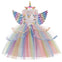 Rochie printesa Unicorn cu accesorii pentru fetite, costumatie joc de rol petreceri, serbari, carnaval si cadou ideal pentru sarbatori, aniversari sau zile de nastere, alb/multicolor