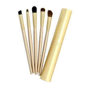 Set 5 pensule machiaj ochi Travel Essentials, păr natural și sintetic, cu suport metalic auriu - Pensule profesionale pentru fard și blending