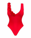 Costum de baie întreg Cubalove - body sexy cu decolteu și aplicații florale, rosu