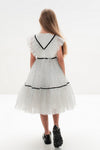 ODALYS – Rochie eleganta din tulle fin cu volane, buline si panglici din catifea, alb