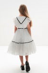 ODALYS – Rochie eleganta din tulle fin cu volane, buline si panglici din catifea, alb
