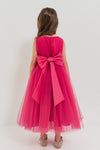 JASMINE – Rochita de ocazie din tulle fin cu saten si drapaje cu funda decorativa, fuchsia
